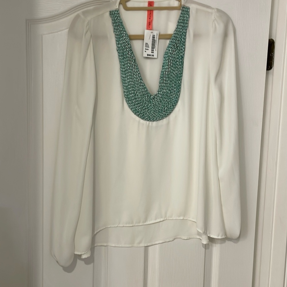 Eight sixty white blouse with turquoise beading, never worn, size Medium